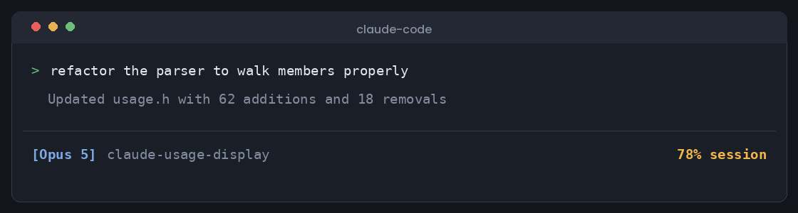 A terminal window with a Claude Code session. Along the bottom status line: the model name in brackets, the project directory, and 78 percent session in amber on the right.