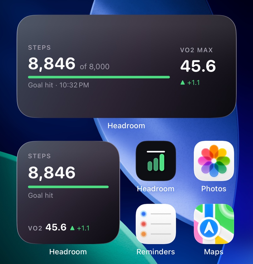 An iPhone home screen with two Headroom widgets and the Headroom app icon. The medium widget reads STEPS 8,846 of 8,000 with a full green progress bar, Goal hit at 10:32 PM, and VO2 MAX 45.6 with a green up arrow and +1.1. The small widget below shows the same steps and goal bar with VO2 45.6, +1.1 along the bottom.